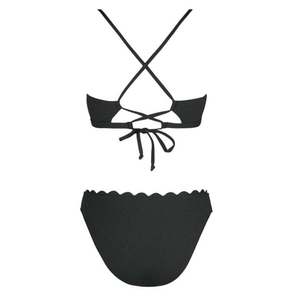 CUPSHE Womens 2PC Swimsuit M Black Scalloped V Neck Crisscross Tie Bikini - Picture 5 of 9